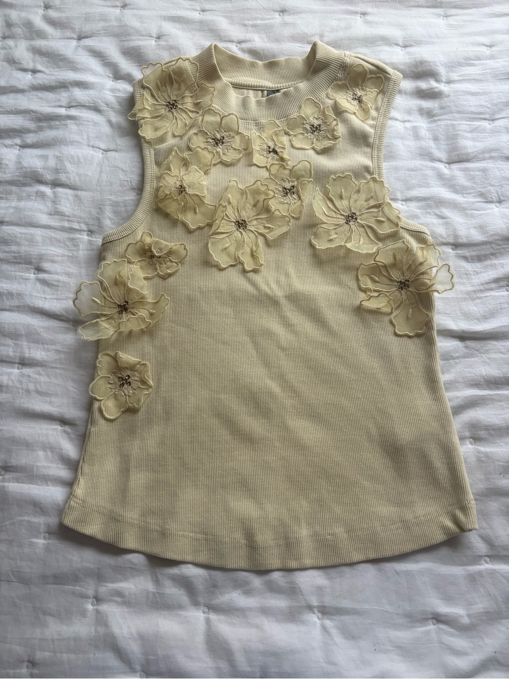 Anthropologie Pale Yellow Floral Applique Sleeveless Tank